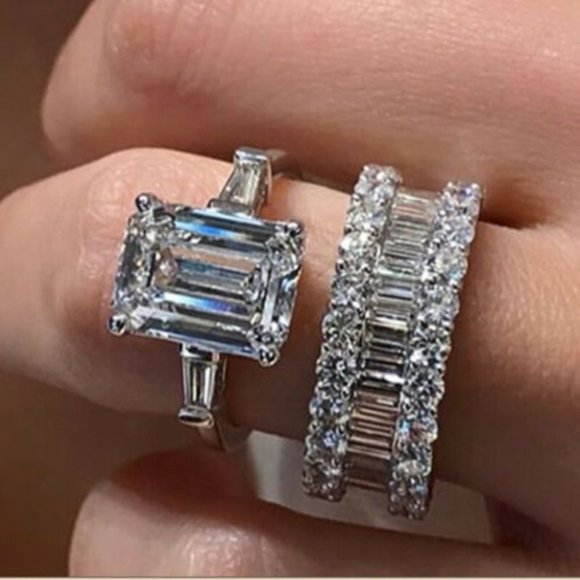 2 Pcs/Set Sterling Silver White Sapphire Ring - Picture 3 of 6